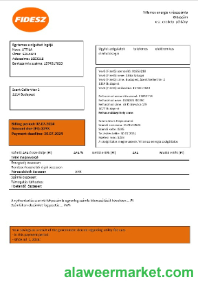 Hungary FIDESZ easy to fill business utility bill template in Word and PDF formats